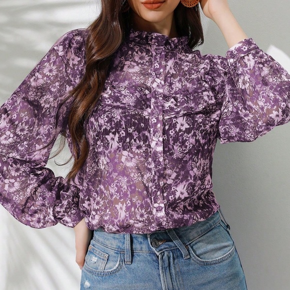 Boho Floral Print Button Down loose Fit Long Sleeve Blouse - Picture 1 of 15